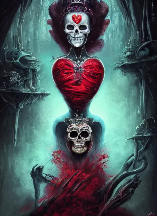 Image similar to queen of hearts, cyborg, skull, highly detailed, cinematic, 8 k, by megan duncanson, benjamin lacombe, adrian borda, stanley artgermm, tom bagshaw, craig mullins, carne griffiths, ayami kojima, beksinski, giger, trending on deviantart, hyper detailed, horror, full of colour