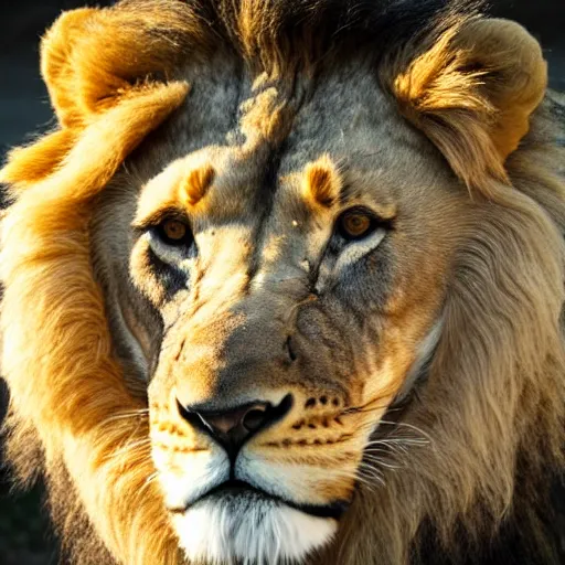 Image similar to professional photograph of a lion with a black mane, high quality, highly detailed, award-winning, HD, 8K, awe-inspiring