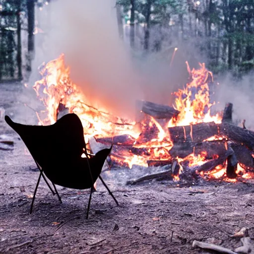 Prompt: a chair burning in a campfire, its night and in the background there is scientist watching blurry by the camera