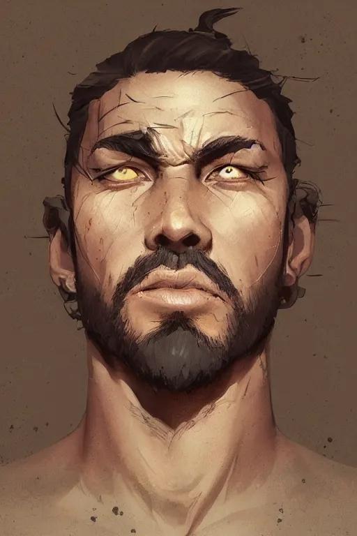 Image similar to very detailed portrait of a rugged man in his early thirties, strong jaws, latino features, wearing a black t - shirt, earthy color scheme, by wlop and krenz cushart and artem demura and artgerm, historical fiction, detailed eyes, starry background, trending, on artstation.