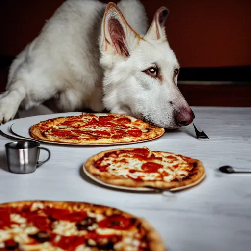 Image similar to detailed photo of a white german shepherd eating pizza, various posed, full body, studio light, 8 k, photorealism, intricate detail, diffuse lighting