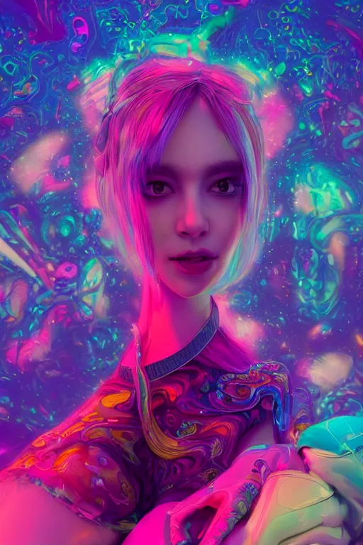 Image similar to a beautiful princess engulfed in colorful liquid clouds and neon smoke, extremely psychedelic experience, psilocybin, lsd, dmt, face, highly detailed, artstation, concept art,, sharp focus, digital art by hana yata, and artem demura and beeple, lisa frank, cyberpunk, octane render, unreal engine, 8 k