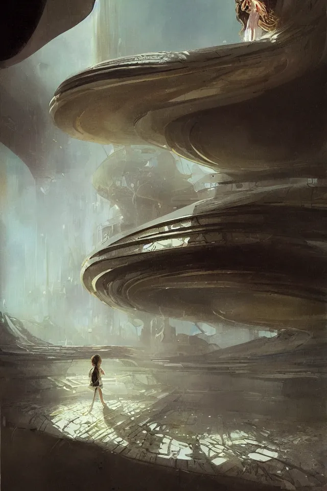 Prompt: sci fi painting of a giant seashell house, a young girl stares from the balcony, by john harris, atmospheric, concept art