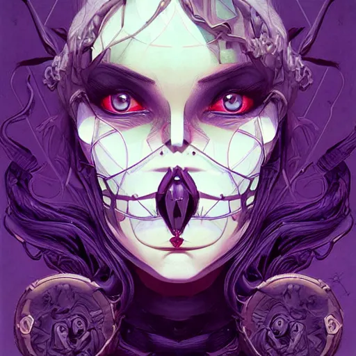 Prompt: vantablack occultist, pitchblack mask, beautiful, detailed symmetrical close - up portrait, intricate complexity, in the style of artgerm and peter mohrbacher, cel - shaded, purple tones