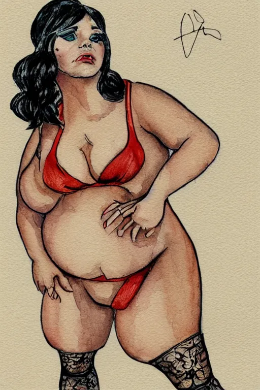 Prompt: A detailed upper body portrait of Christina Ricci as an obese go-go dancer wearing a bikini in the 1900s. Watercolor, inked lines. In the style of Froud and Alain Aslan.