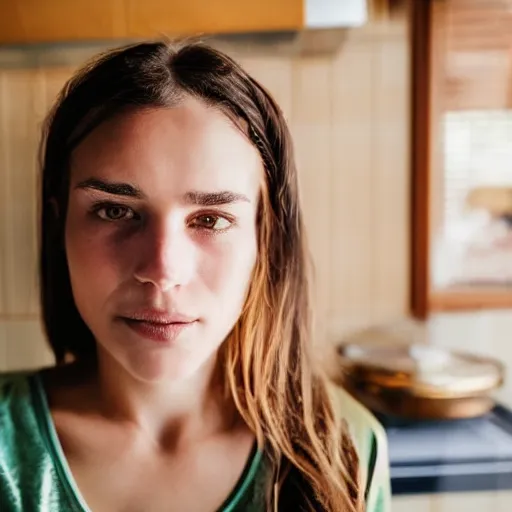 Image similar to a candid portrait of a brunette female, young, athletic, australian, pixellated face, wearing a gold tshirt in a kitchen, closeup