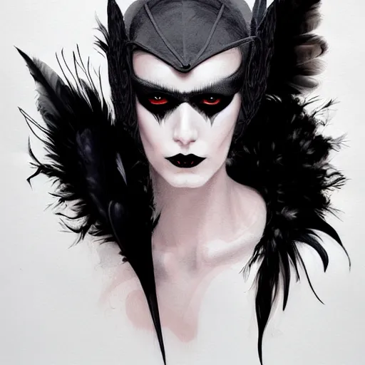 Image similar to portrait soft light, goth woman as mysterious supervillain in black hooded cloak and modestly clothed victorian goth, black feathers instead of hair, black wings instead of arms, gray mottled skin, black feathers growing out of skin, transforming, by frank mccarthy and conrad roset, inspired by flash gordon, paintbrush, rough paper, fine,