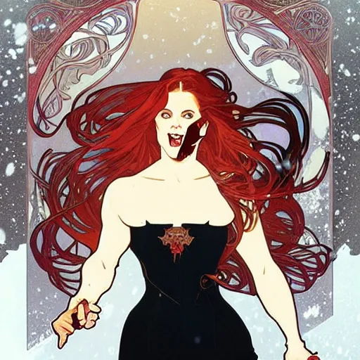 Image similar to Joshua Middleton art, Alphonse Mucha, pretty female Amy Adams, full entire body fun pose, scary vampire, fully black eyes no pupils, sharp vampire teeth smile open mouth, sarcastic evil smile, horror symmetrical face, symmetrical eyes, black Victorian dress, long curl red hair, outside in snow snowing