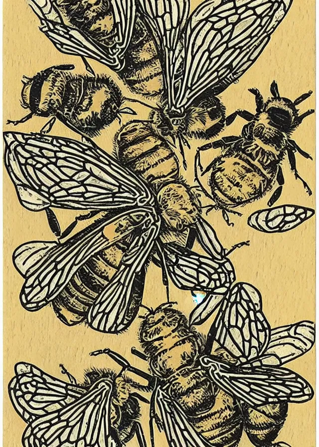 Prompt: 5 of bees, woodblock playing card