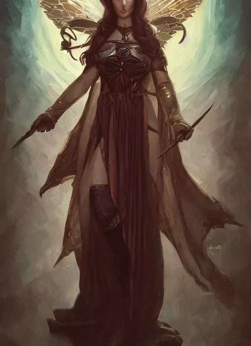 Image similar to tarot!!, fairy queen, fantasy medieval, no noise, elegant, concept art, sharp focus, beautiful face!!, digital art, smooth defined outlines!!, by Brom, trending on Artstation, Tom Bagshaw, Sargent