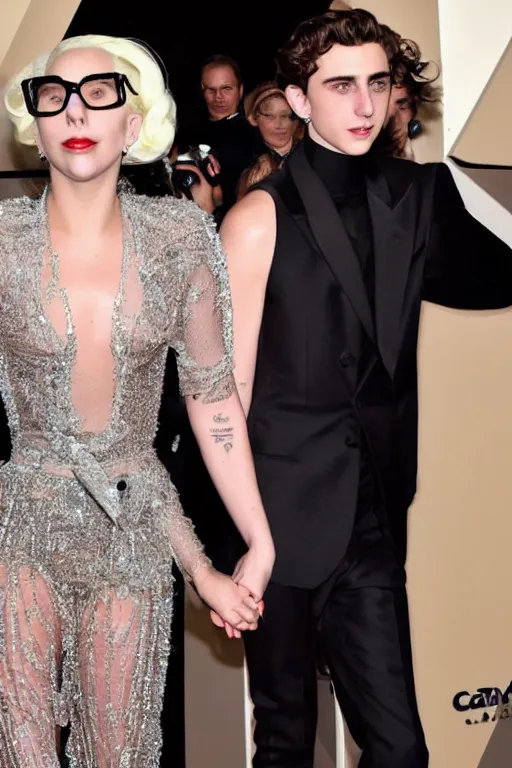 Image similar to timothee chalamet and lady gaga holding hands, beautiful detailed faces, canon eos, featured, flash lighting