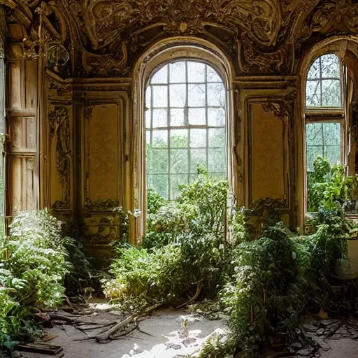 Prompt: a dream about inside opulent abandoned overgrown Palace of Versailles, lush plants growing through the floors and walls, walls are covered with vines, beautiful, dusty, golden volumetric light shines through giant broken windows, rich with epic details and dreamy atmosphere