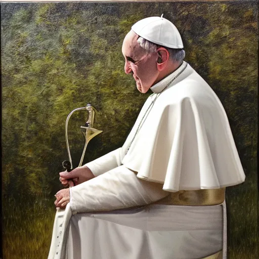 Prompt: the pope squatting on a toilet in the forest, oil on canvas, detailed painting