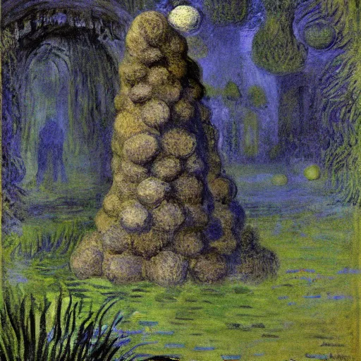 Prompt: intricate grainy ancient witch's garden rhombu hound geyser eggs bud , by Claude Monet and Edouard Manet and Martin Johnson Heade , DC Comics , Low poly , An ink drawing