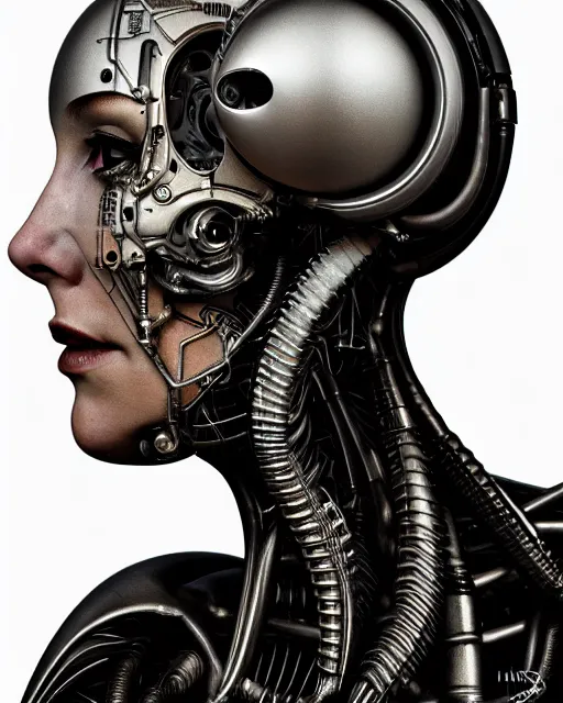 Image similar to a female cyborg profile face, by h. r. giger, by kiki smith, glamor shot, nikon d 7 5 0, closeup, f / 2. 8, low contrast, 1 6 k, rim lighting, cinematic lighting, insanely detailed and intricate, hypermaximalist, elegant, ornate, hyper realistic, super detailed