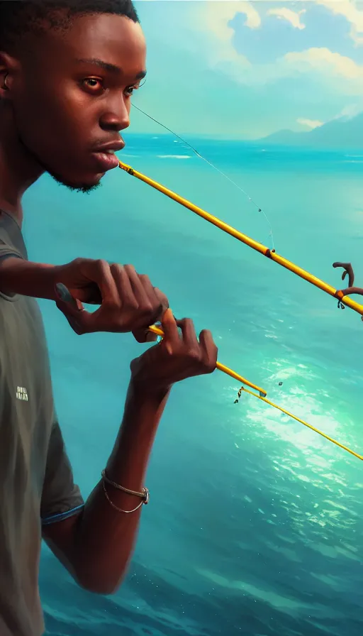 Image similar to highly detailed portrait of a young modern jamaican man fishing with a magical glowing fishing rod weapon, ocean background, unreal engine, fantasy art by greg rutkowski, loish, rhads, makoto shinkai and lois van baarle, ilya kuvshinov, rossdraws, tom bagshaw, global illumination, radiant light, detailed and intricate environment