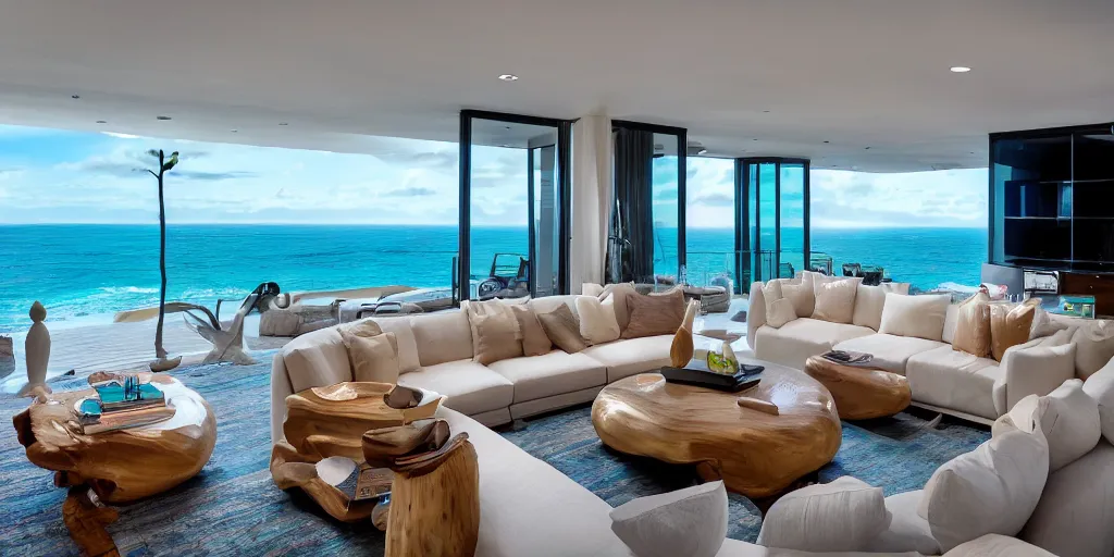 Image similar to a modern hi tech living room in a ocean hues style next to a big terrace overlooking the ocean, a luxurious wooden coffee table with large seashells on top in the center, inspired by the ocean, calm, relaxed style, harmony, wide angle shot, 8 k resolution, ultra detailed