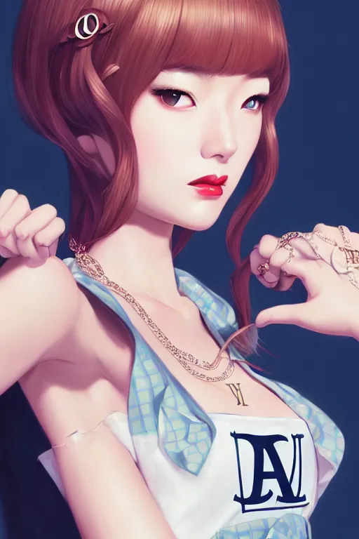 Image similar to a pin up and beautiful fashion dreamlke japan girl with lv jewelry, character art, art by artgerm and wlop and and ilya kuvshinov, hyperdetailed, 8 k realistic, symmetrical, frostbite 3 engine, cryengine, dof, trending on artstation, digital art, chanel, dior, fantasy background