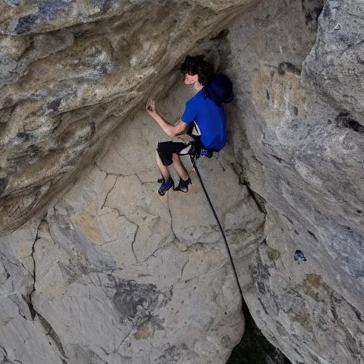 Image similar to Adam Ondra, climbing rock face, image from above, background void of fractals, mandelbrot set, hyperrealistic