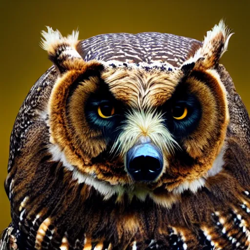 Prompt: An animal that has the body of a bear and the head of an owl, The animal has the body of a bear, with fur, the bear is brown, it's owls head has feathers, the owls face eyes are yellow , 8k, ultra realistic, professional photography