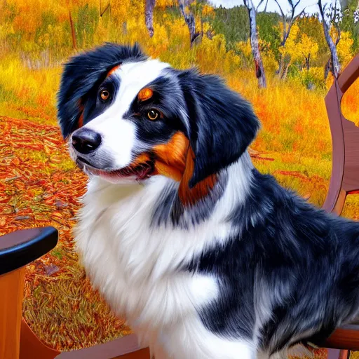 Prompt: Australian Shepard sitting on a rocking chair playing the banjo in the colorado mountains in fall with changing leaves all around ,artstation