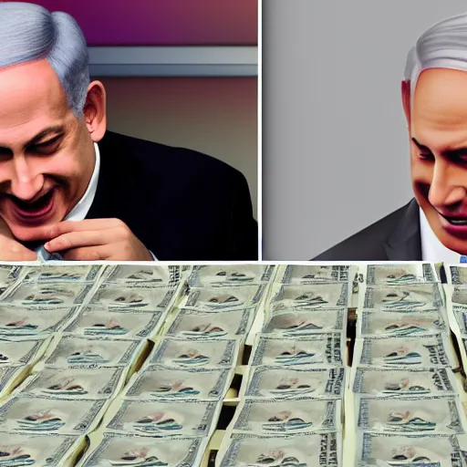 Prompt: benjamin netanyahu laughing maniacally counting piles of cash