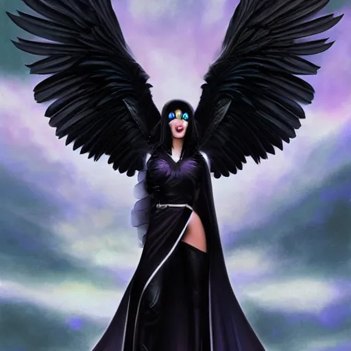 Image similar to a robed raven angel with iridescent black raven wings, by Artgerm, Steve Argyle, Mark Brooks, Jim Burns