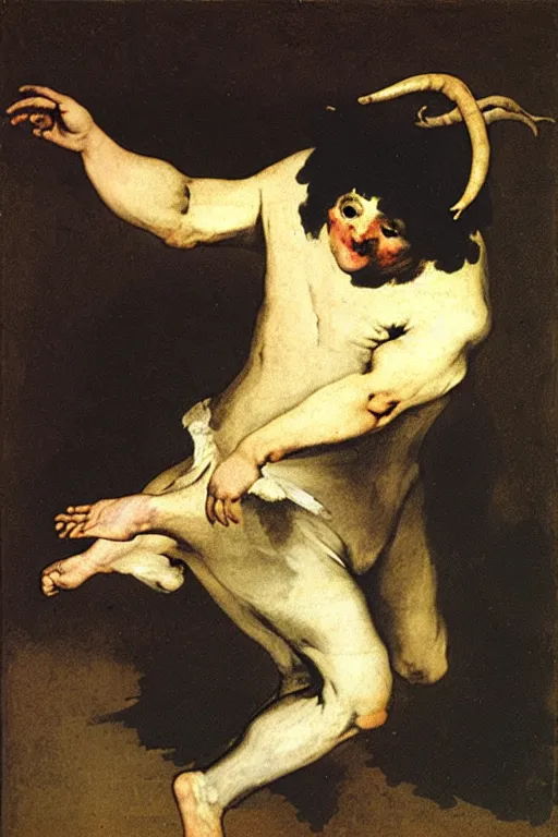 Prompt: dancing man with a goat head by francisco goya