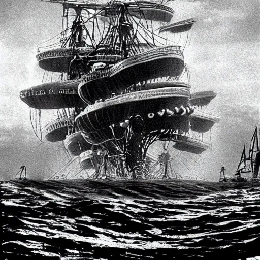 Prompt: an impossibly huge pirate ship, being attacked by a kraken, giant tentacles. 1980s photograph