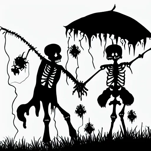 Image similar to a skeleton and a zombie getting married in a house at dawn