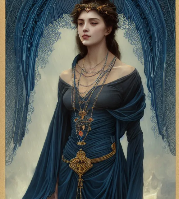 Prompt: god of death, in the underworld, elegant dark blue dress, very detailed, throne, very intricate details, jewelry, delicate tattoos, elaborate long hairstyle, wings, cinematic, artstation, william bouguereau, alphonse mucha, greg rutkowski, rossdraws, octane render