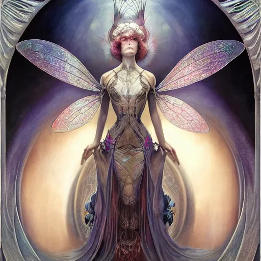 Image similar to beautiful closeup portrait of an art deco faerie queen, glowing eyes. reflective detailed textures, moth wings, highly detailed dark fantasy science fiction painting by tom bagshaw and michael whelan and diego rivera and annie swynnerton and jean delville, elaborate geometric ornament, ancient runes, silver and cool colors. artstation
