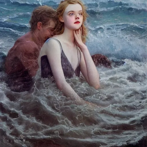 Image similar to Elle Fanning lost at sea at night, stormy weather, extremely detailed masterpiece, oil on canvas, Roger Deakin’s cinematography, by Norman Rockwell,