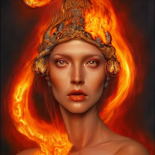 Prompt: A stunning portrait of a goddess with a body of flames by Jim Burns, 8K UHD, intricate, fantasy, Trending on artstation.