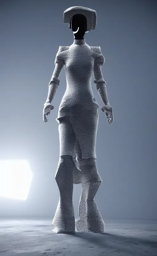 Image similar to hybrid fashion model astronaut wearing a dress designed by alexander mcqueen, catwalk, soft ambient lighting, photorealism, unreal engine