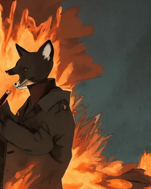 Prompt: a fox in a black trench - coat, smoking a cigarette in front of a huge explosion in the middle of a war, style of anime