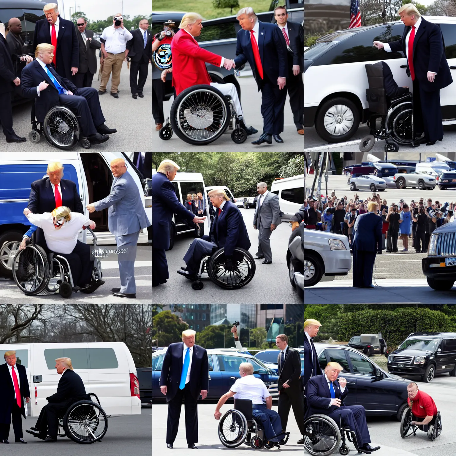 Prompt: donald trump in a wheelchair next to handicap van surrounded by secret service agents, photograph, high resolution, high quality