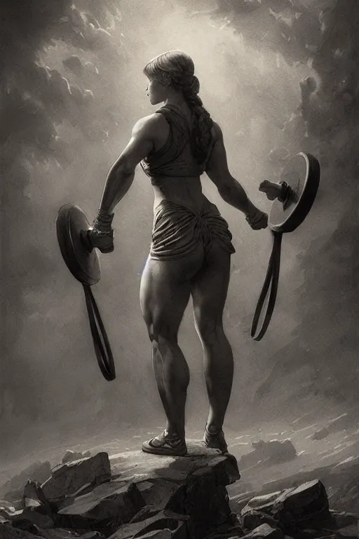 Image similar to muscular heroine, standing in front of a squat rack, with her foot on top of a pile of dumbbells - in the style of greg rutkowski, by Gustave Doré, by Marco Turini, by Artgerm, Deviantart in the style of Tom Bagshaw, Cedric Peyravernay, Peter Mohrbacher by William-Adolphe Bouguereau,4k,