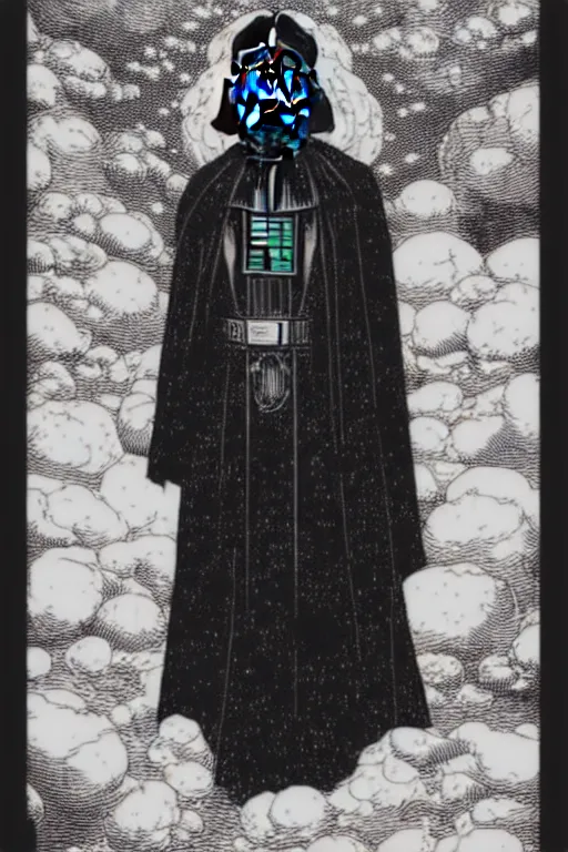 Prompt: horror death darth vader laurie greasley and rene magritte, etching by gustave dore, intricate, sharp focus, illustration, highly detailed, digital painting, concept art, masterpiece