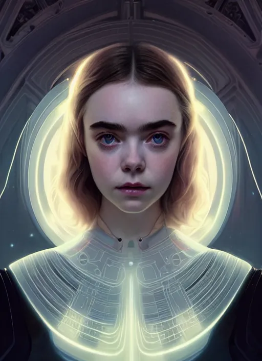 Image similar to symmetry!! portrait of elle fanning, lily collins, anya taylor - joy, sci - fi, tech wear, glowing lights!! intricate, elegant, highly detailed, digital painting, artstation, concept art, smooth, sharp focus, illustration, art by artgerm and greg rutkowski and alphonse mucha