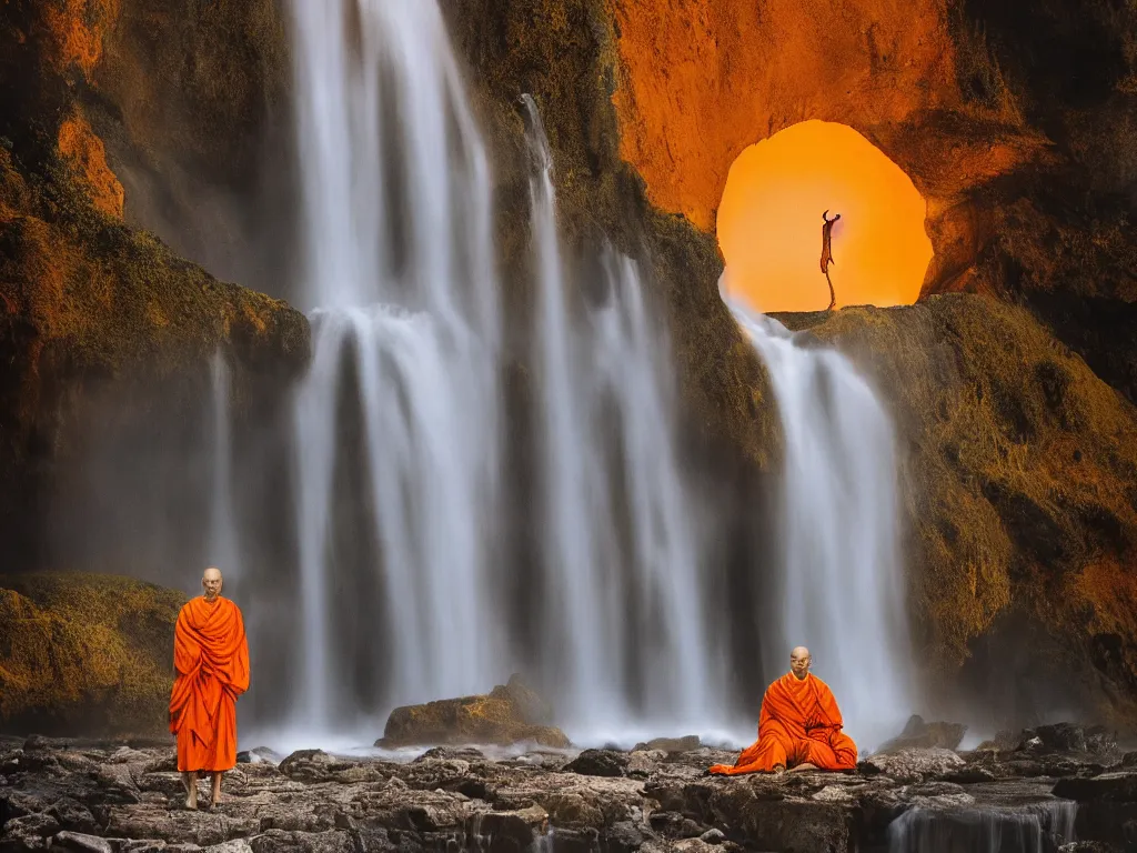 Image similar to dang ngo, annie leibovitz, steve mccurry, a simply breathtaking shot of mediating monk in orange, giantic waterfall, bright moonlight, golden ratio, wide shot, symmetrical