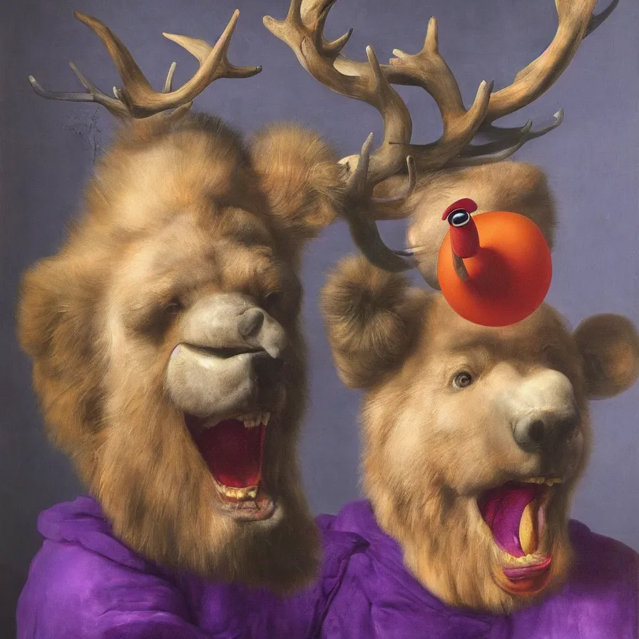 Prompt: rare hyper realistic portrait painting by italian masters, symmetrical composition, rembrandt lighting, purple room, a blue rubber duck with antlers laughing at a giant laughing white bear with a clown mask