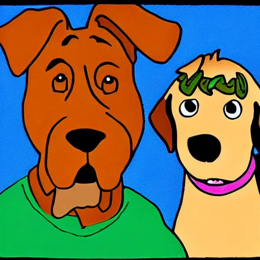 Image similar to portrait of the dog scooby doo and his friend shaggy with 2 foot high sandwiches