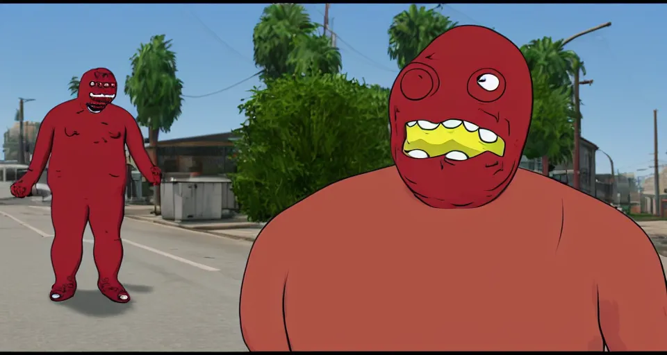 Image similar to Screenshot of Meatwad from Aqua Teen Hunger Force as a 3d NPC in the videogame 'Grand Theft Auto V'. Sharpened. 1080p. High-res. Ultra graphical settings.