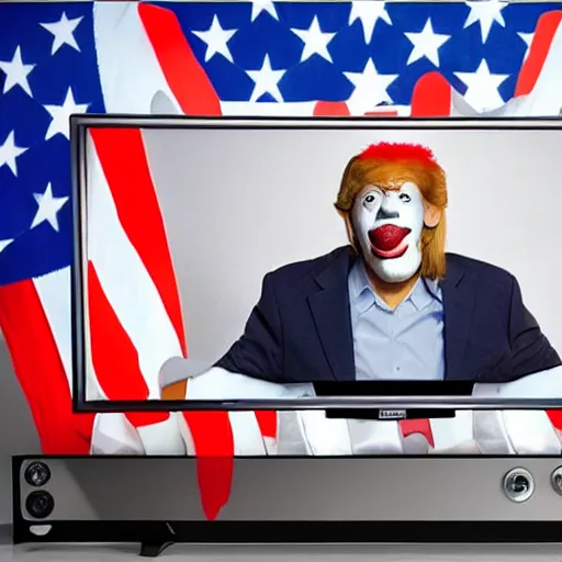 Image similar to photo of a television with a president with clown face giving a speech