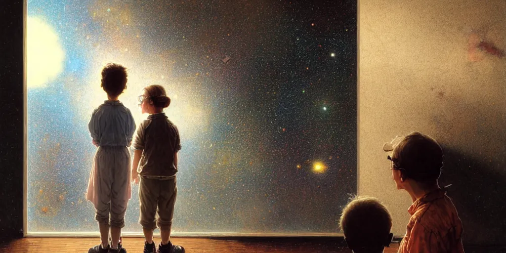 Image similar to a 5 year old boy and 1 2 year old girl looking at a wall and viewing the universe full of galaxies, imagination, part by norman rockwell, part by greg rutkowski, part by mattias adolfsson, high angle, ( ( ( ( volumetric lighting ) ) ) ), oil on canvas