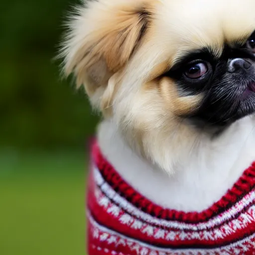 Image similar to a cute pekingese wearing a sweater, high resolution photo