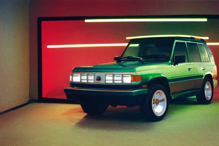 Image similar to studio photoshoot designed by giorgetto giugiaro of a single 1 9 8 8 land cruiser, thick neon lights, ektachrome photograph, volumetric lighting, f 8 aperture, cinematic eastman 5 3 8 4 film