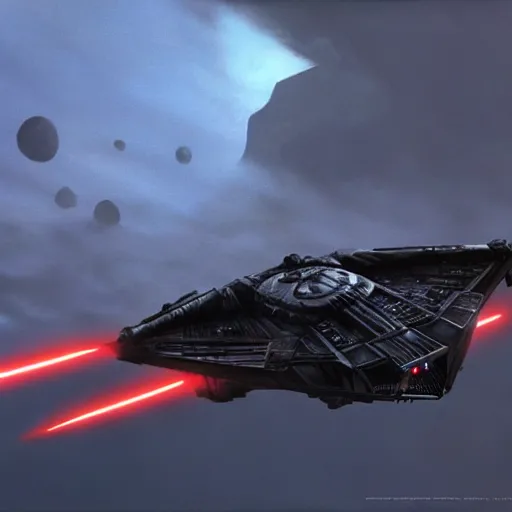 Image similar to darth vader's tie advanced flying to a volcanic planet concept art by doug chiang, cinematic, realistic painting, high definition, concept art, path tracing, high quality, highly detailed, 8 k, red colors, hyperrealistic, concept art