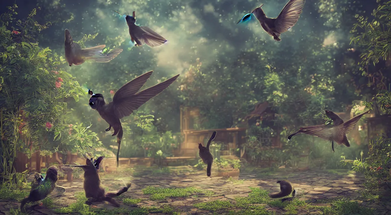 Image similar to Hummingbird playing with, a Bombay Cat, playful, global illumination, octane render, intricate, detailed, happy mood, anime buildings background